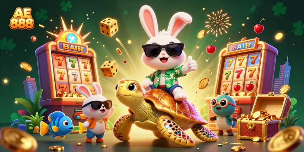 Experience excitement at AE 888 with a vibrant casino-themed illustration featuring lucky symbols and characters.