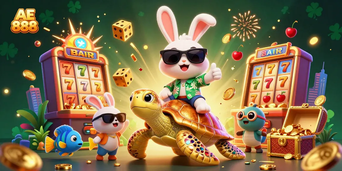 Experience excitement at AE 888 with a vibrant casino-themed illustration featuring lucky symbols and characters.
