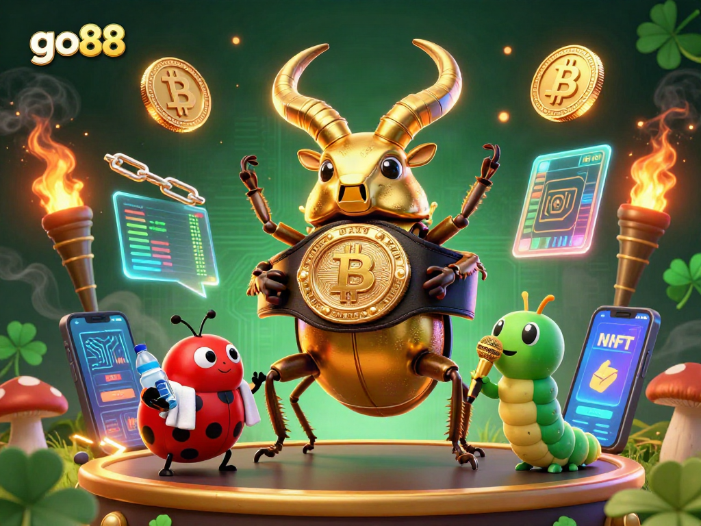 Experience go88's vibrant gambling world with a dynamic illustration showcasing epic characters and crypto elements.