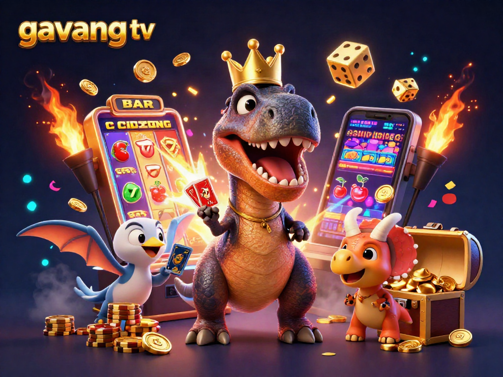 Experience exciting gameplay at gavang tv with vibrant casino elements and playful dinosaurs.