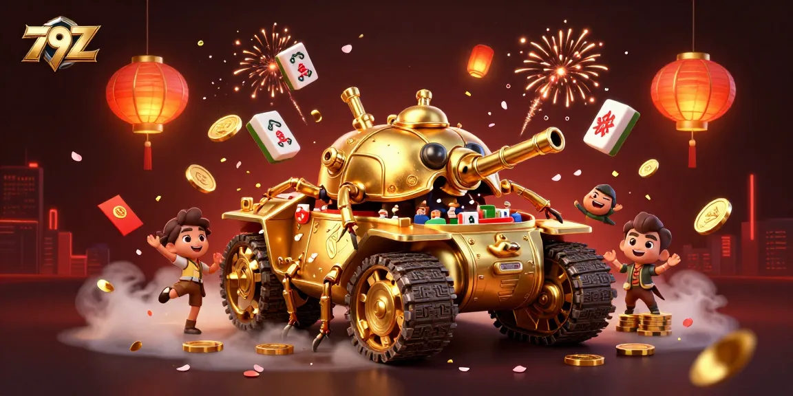 Experience thrilling gaming on 79Z's mini casino in a golden beetle tank, celebrating wins with confetti and fireworks.