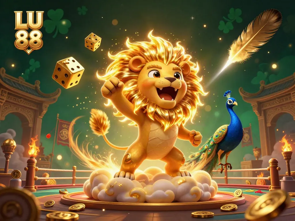 Experience thrilling adventures at LU 88's vibrant casino realm with golden elements and dynamic characters.
