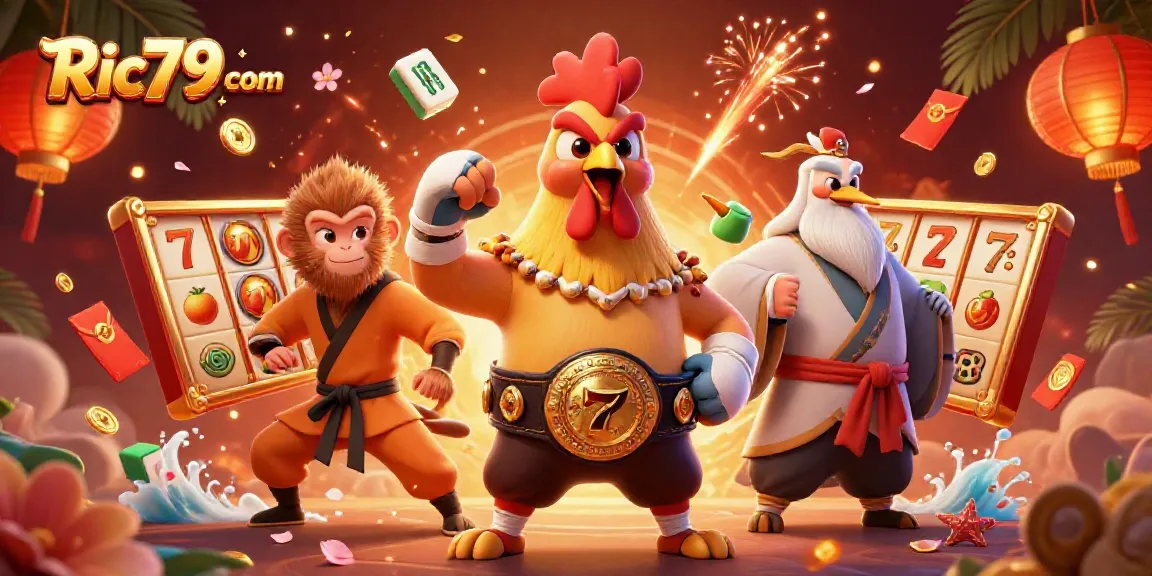 Engage with excitement at Ric79 com, showcasing vibrant 3D casino characters amid lively slot game elements and festive decorations.