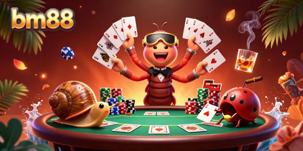 Engaging bm88 casino scene with unique characters at a poker table, showcasing the thrill of gaming.