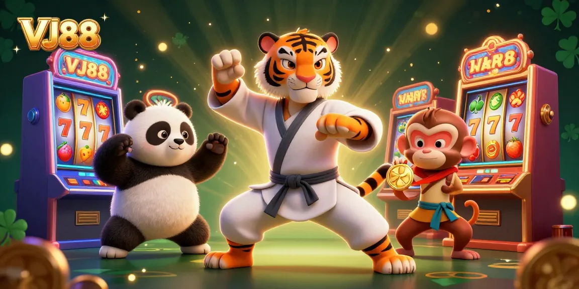 Experience thrilling gameplay and jackpots at VJ88 with this vibrant casino scene featuring playful characters.
