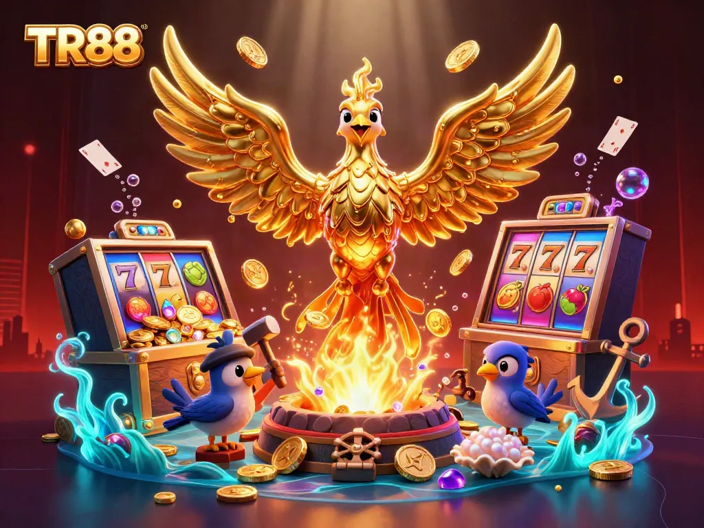 Experience the thrill of TR88 with a golden phoenix and vivid casino elements, capturing the excitement of gambling.