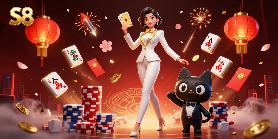 S8 offers an exciting casino experience with a glamorous woman and her cat enjoying games.