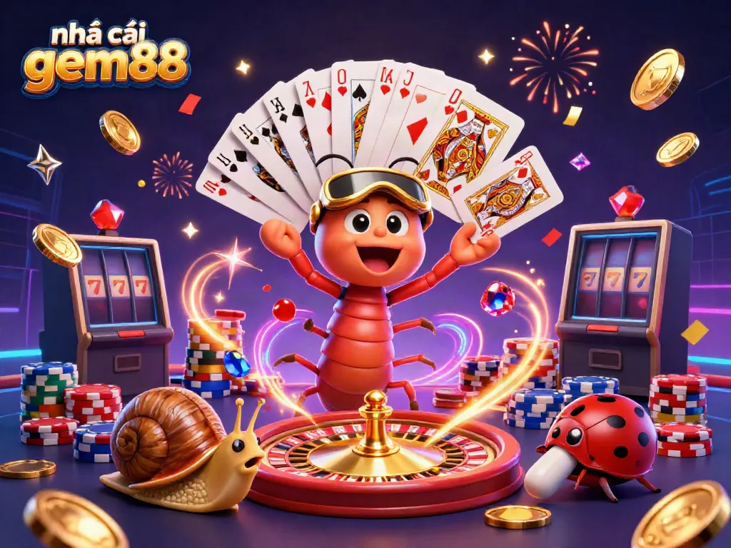 Experience the excitement of nhà cái gem88 with vibrant 3D characters, casino elements, and dynamic energy.