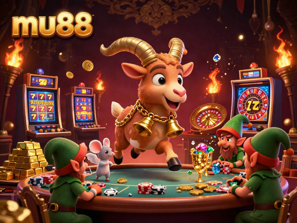Experience excitement at Mu88 with vibrant casino characters stealing poker chips and showcasing game elements.