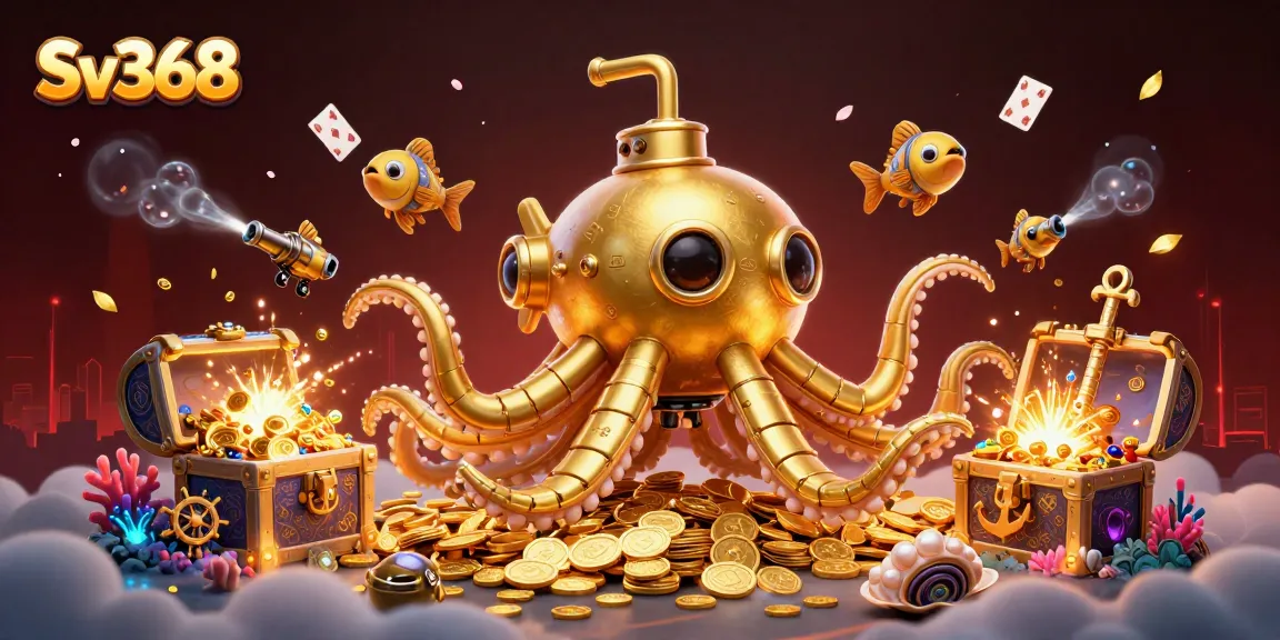 Experience thrilling wins at Sv368 with a golden kraken submarine diving into treasures in a vibrant casino scene.