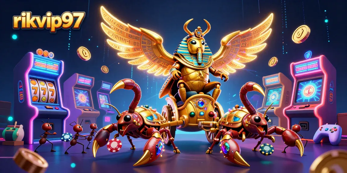 Engage with rikvip97's vibrant casino scene featuring golden scarab and scorpions amidst colorful slots and arcade elements.