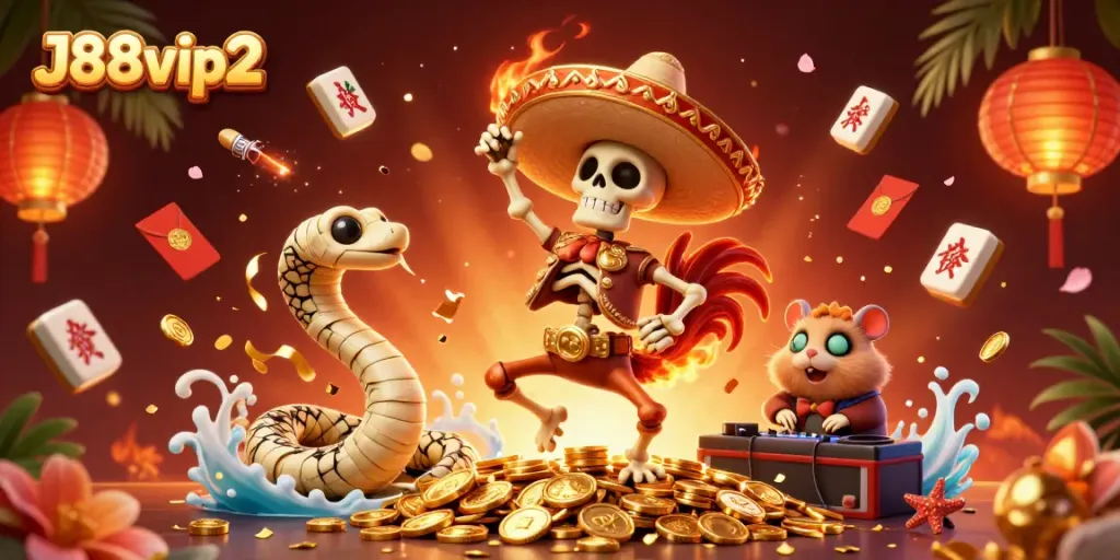 Experience J88vip2 with a vibrant casino scene featuring a mariachi rooster, snake, and DJ, showcasing festive gold.