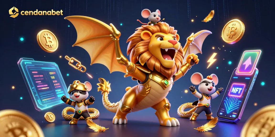 Cendanabet features a triumphant golden chimera and a mouse jockey in dynamic illustration, celebrating online games.