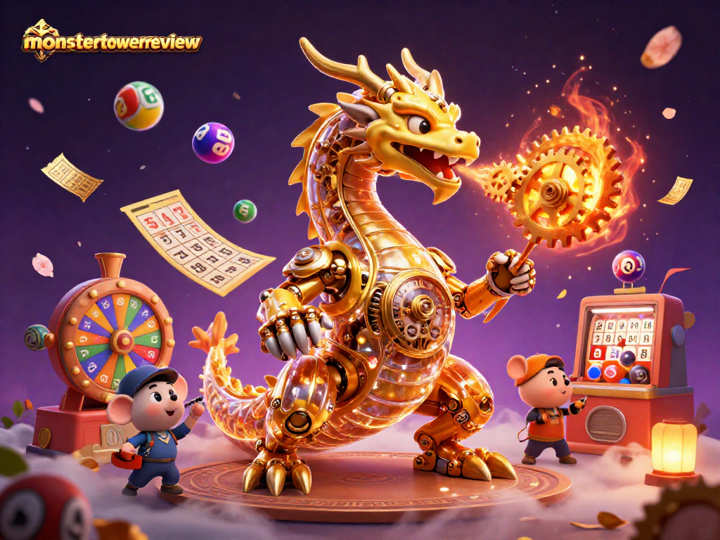 Create winning strategies with monstertowerreview's immersive illustration featuring a mechanical dragon and vibrant gambling elements.