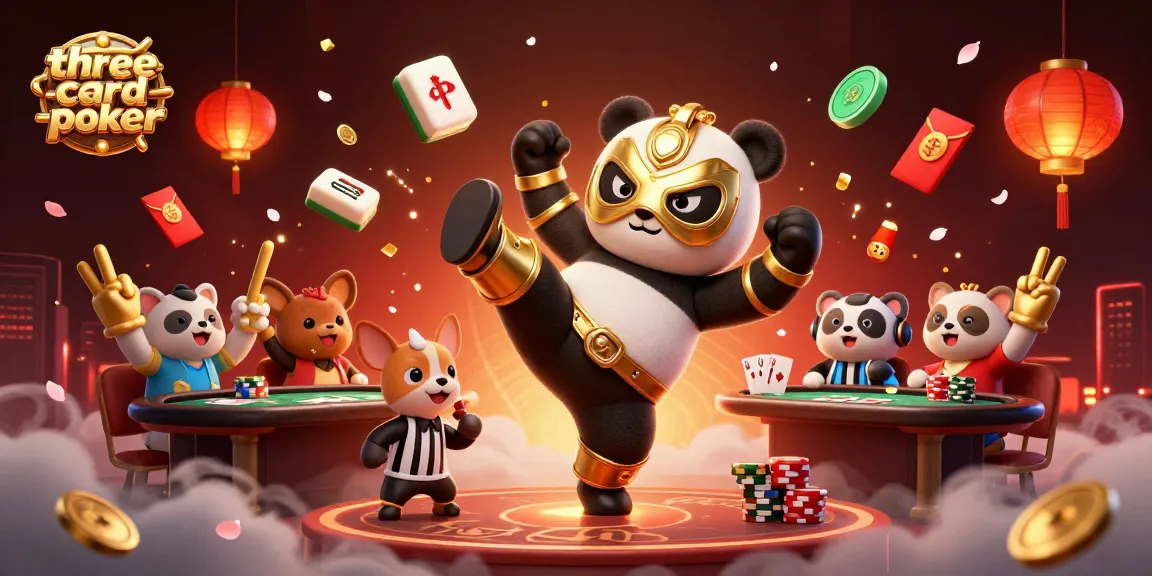 Experience three-card-poker excitement with a lively scene of cartoon characters and game elements