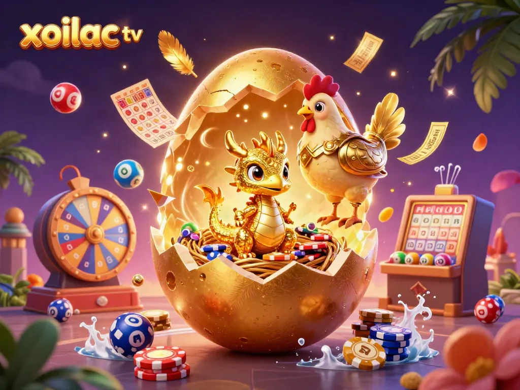 Xoilac TV promotional illustration showcasing a vibrant casino scene with colorful elements and engaging characters.