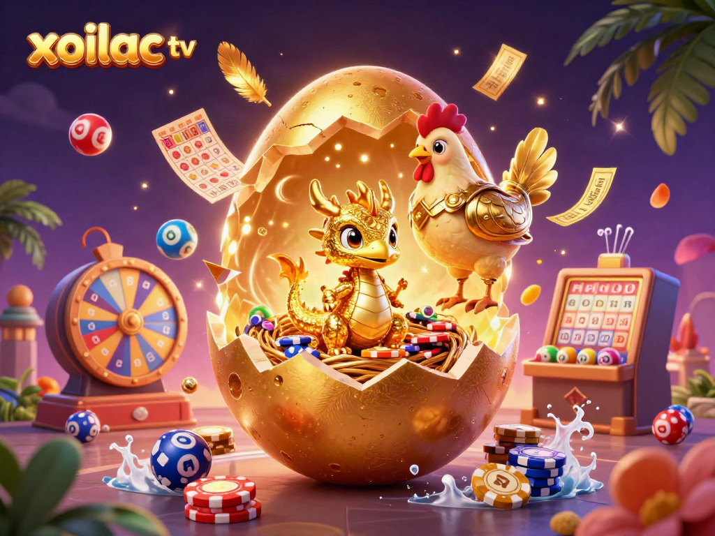 Xoilac TV promotional illustration showcasing a vibrant casino scene with colorful elements and engaging characters.