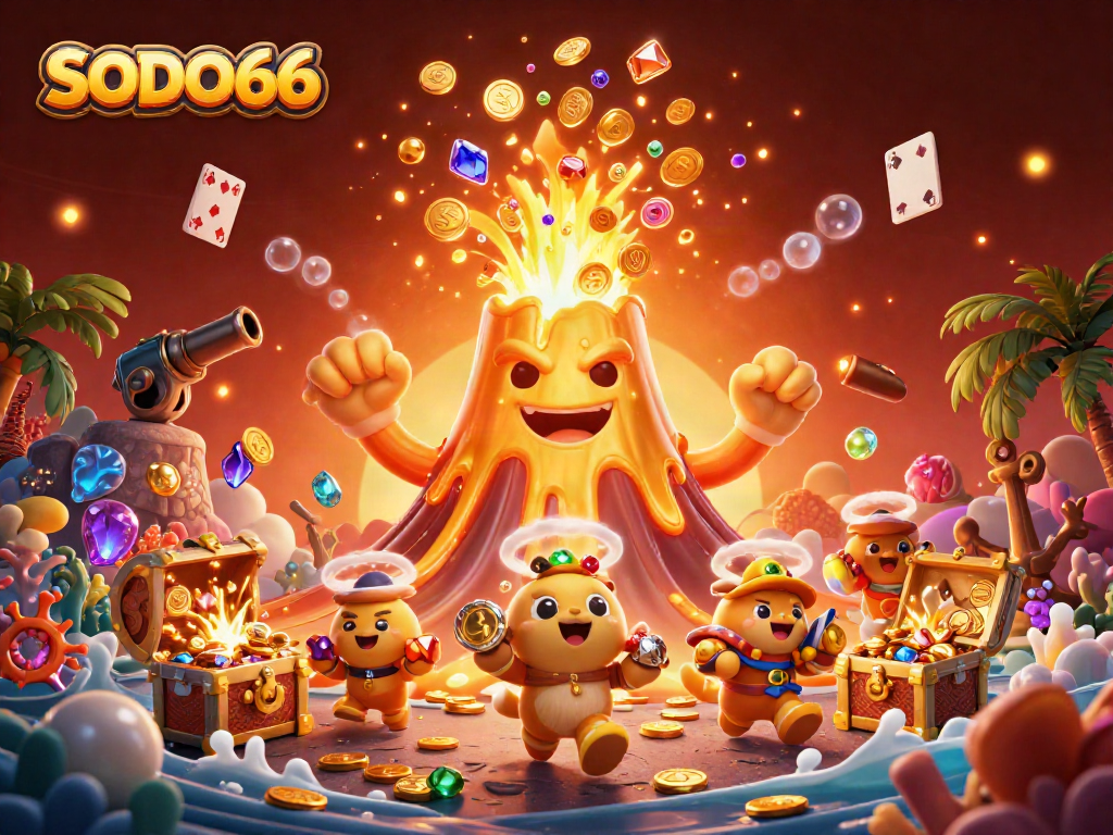 SODO66 casino illustration showcasing a golden volcano with treasures amidst exciting gaming elements