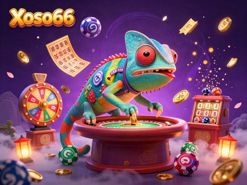 Xoso66 player engaging with a vibrant casino scene filled with lottery balls and golden coins.
