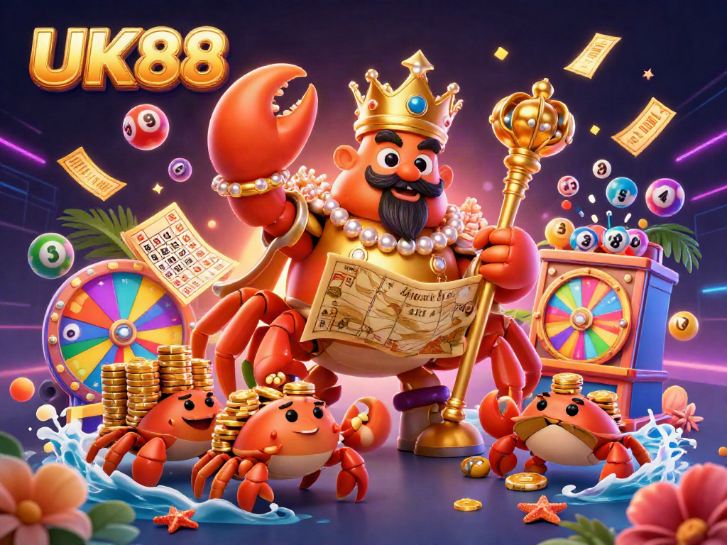 Engage with UK88's vibrant casino universe featuring the golden crab emperor amid lively lottery elements.
