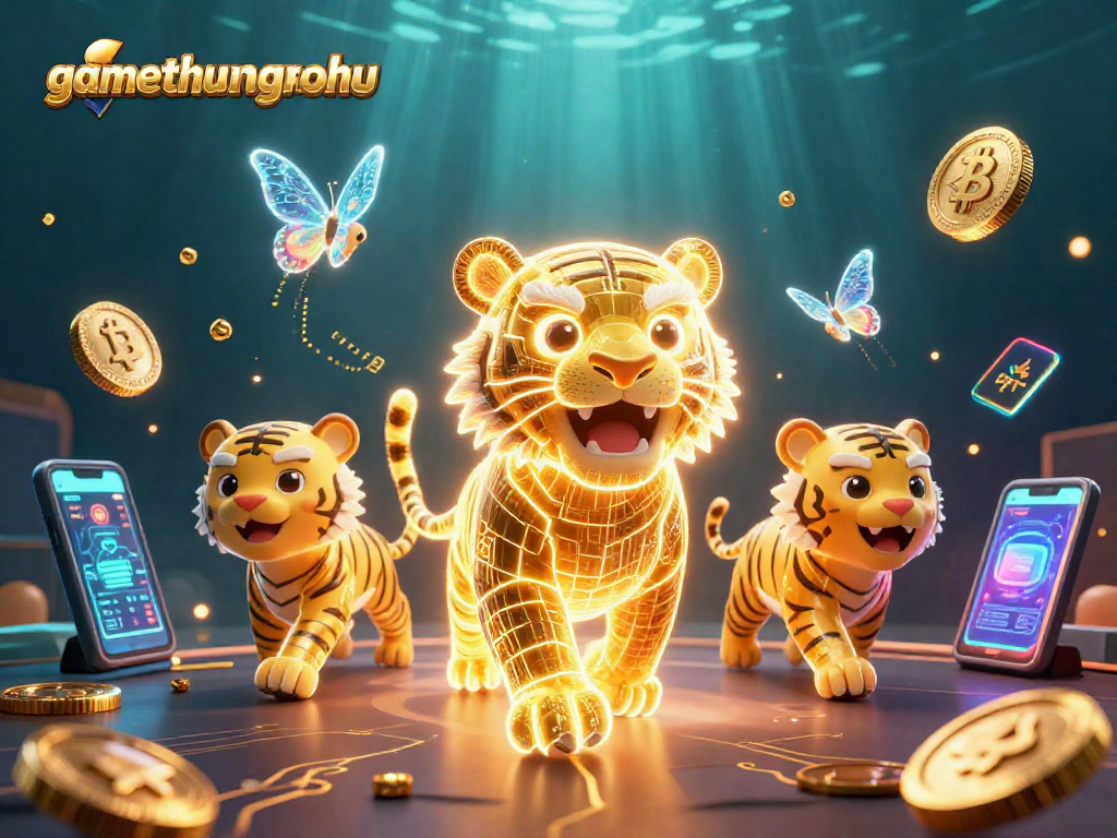 Experience gamethuongnohu's vibrant digital casino where a golden tiger prowls, collecting crypto treasures.
