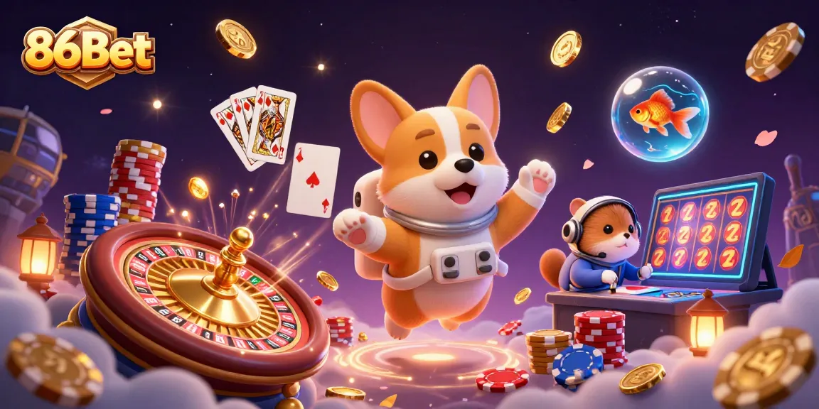 Engage in thrilling casino gameplay with 86Bet's 3D astronaut corgi and gaming elements.