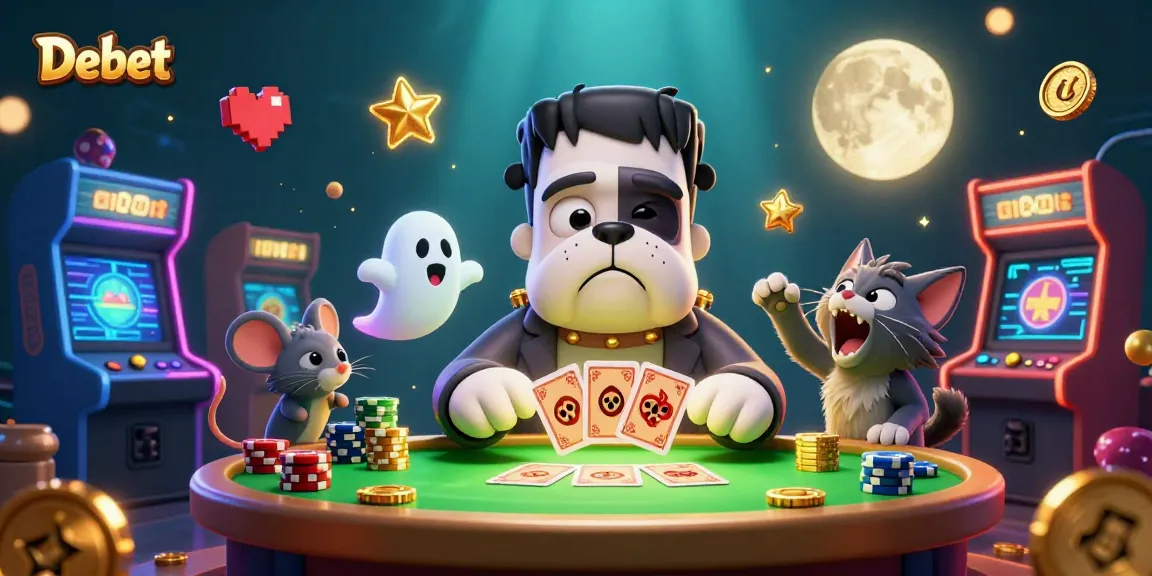 Bet on Debet with a spooky 3D cartoon casino scene featuring a bulldog dealer and ghost mouse.