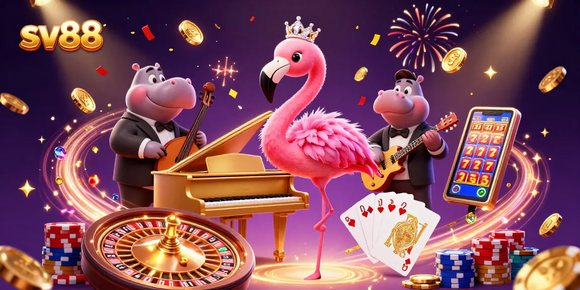 Engage with sv88's vibrant casino scene filled with golden coins, lively characters, and a dazzling background.