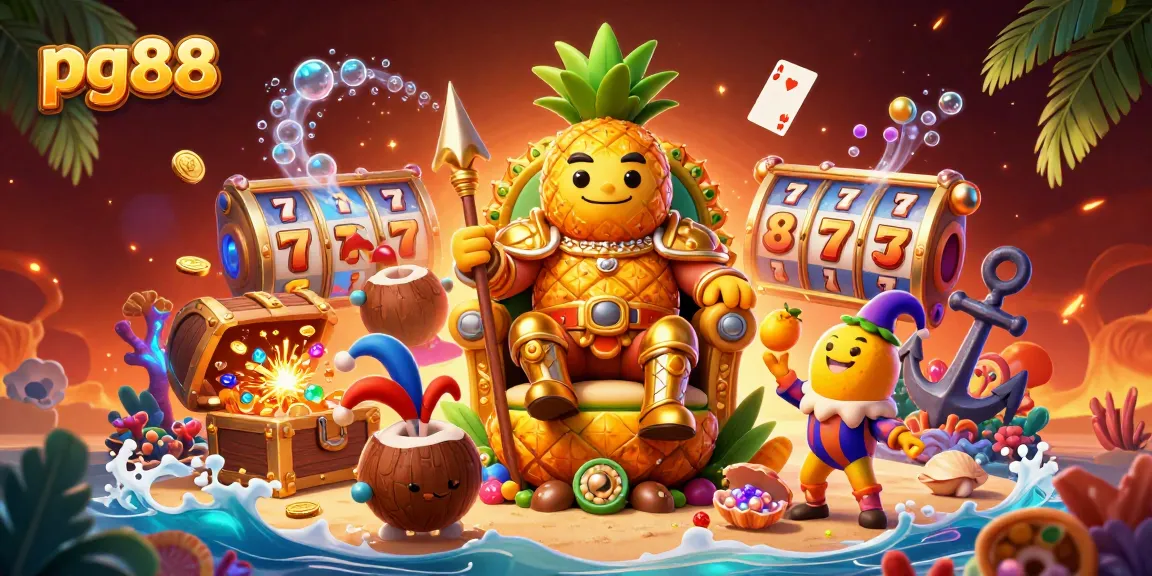 Engage with pg88's lively casino adventure featuring a golden pineapple king amidst colorful slot games and treasures.