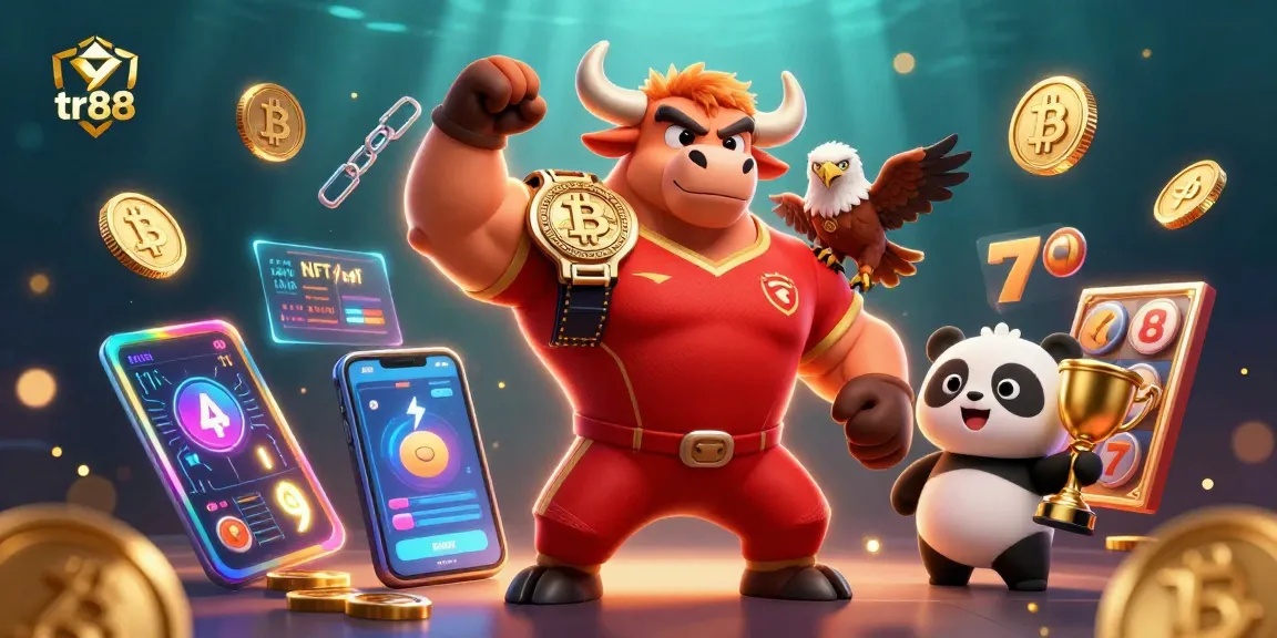 Win big with tr88 as the bull mascot and friends celebrate gaming success with crypto elements.