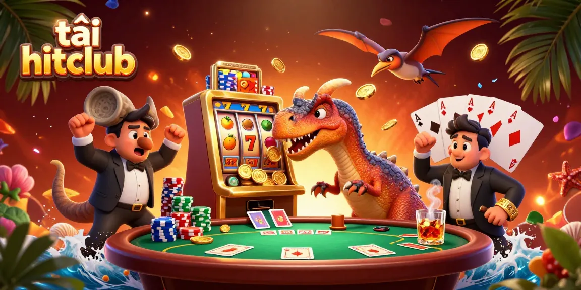 This vibrant 3D scene captures a pachycephalosaurus celebrating a jackpot while featuring fun casino elements for tải hitclub.