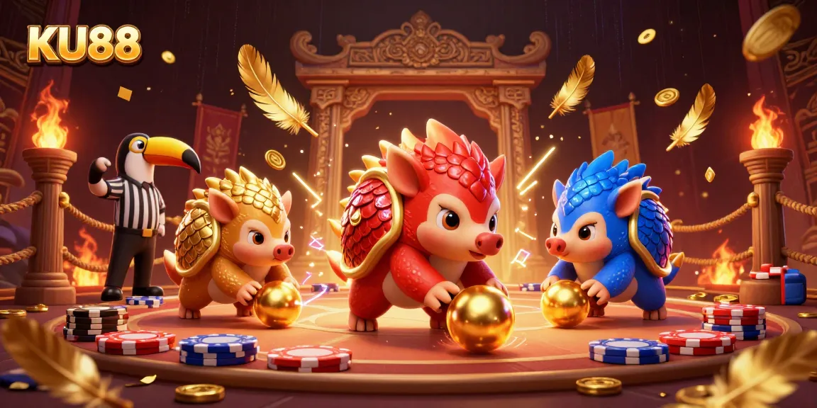 KU88 pangolins in a vibrant casino scene, rolling poker chips in a gaming duel.