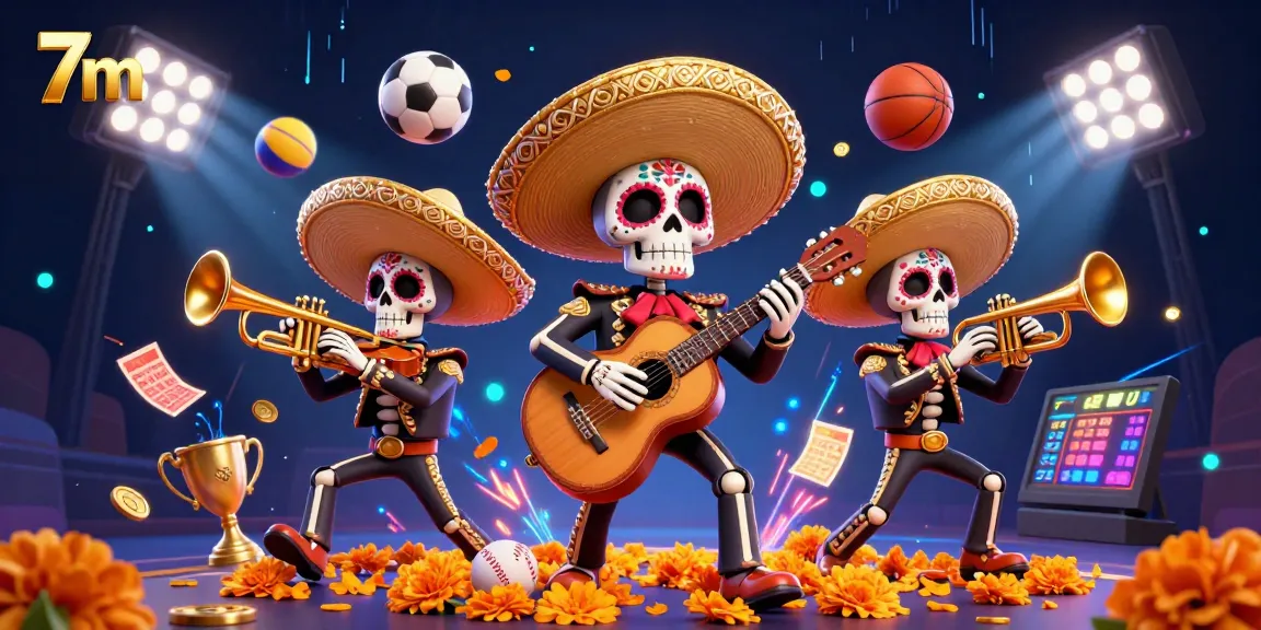 Experience thrilling sports betting with 7m's dynamic mariachi band surrounded by vibrant game elements.