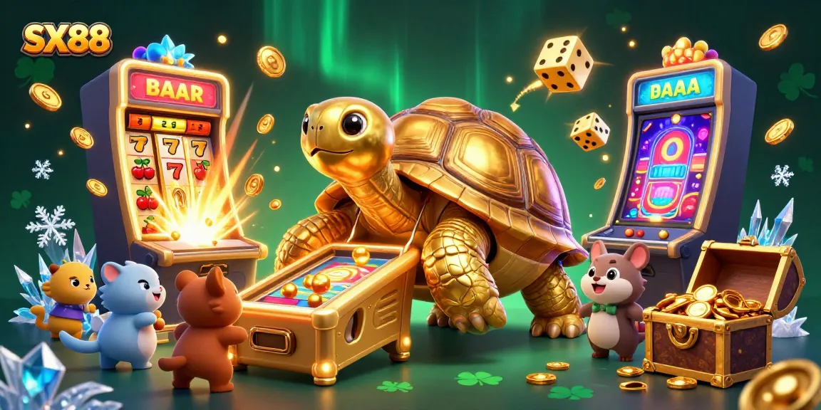 SX88 players enjoying a vibrant casino experience, highlighted by joyful golden tortoise pinball and bursting jackpots.