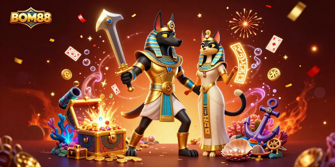 BOM88 offers an exciting online gaming experience with Anubis and Bastet amidst vibrant casino elements.
