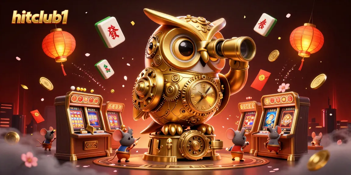 Experience the excitement of hitclub1 as a golden owl surveys a vibrant casino floor filled with games and festive elements.