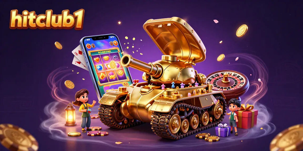 Hitclub1 offers a vibrant casino experience with a golden beetle tank showcasing miniature games and festive elements.