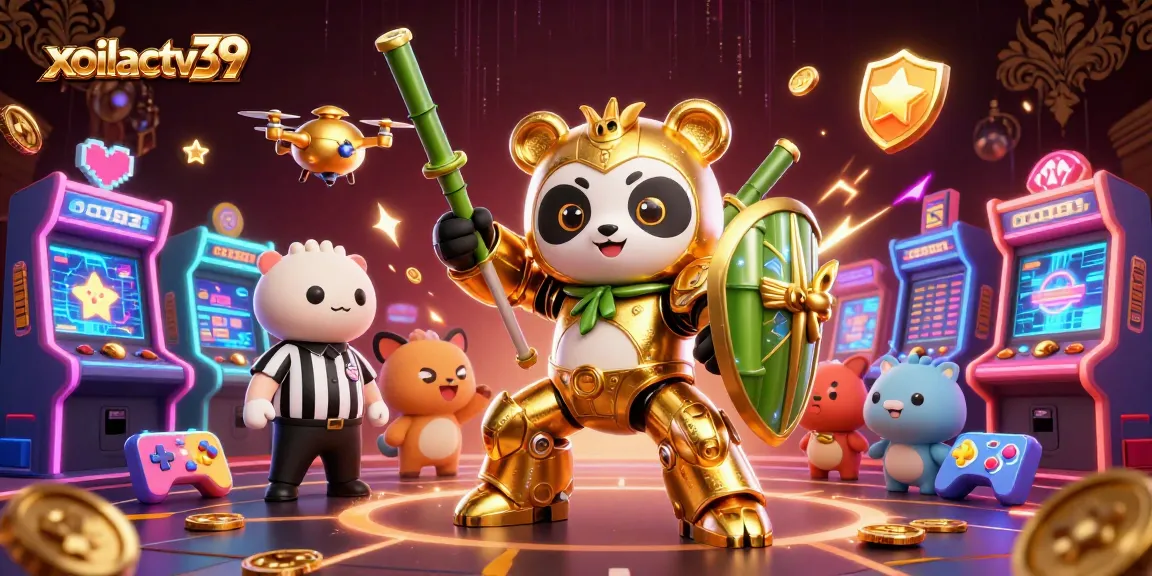 Beat the odds with xoilactv39 in vibrant, dynamic casino art featuring golden panda robot elements.