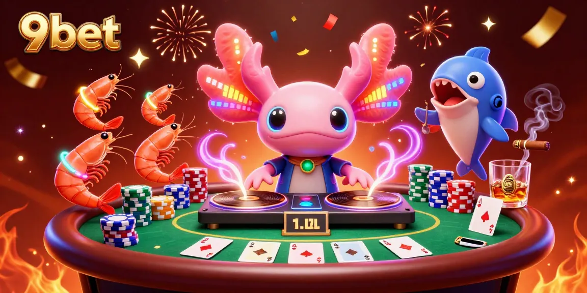 Spin the thrill of 9bet at an exhilarating casino party with vibrant characters and poker elements.