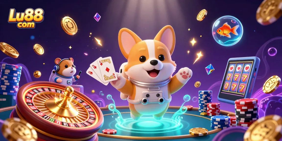 Play games at Lu88 com with floating casino elements, cash, and interactive characters.