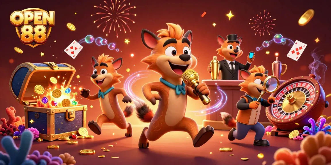 Experience OPEN 88's vibrant casino scene with hyena characters mixing drinks and telling jokes.