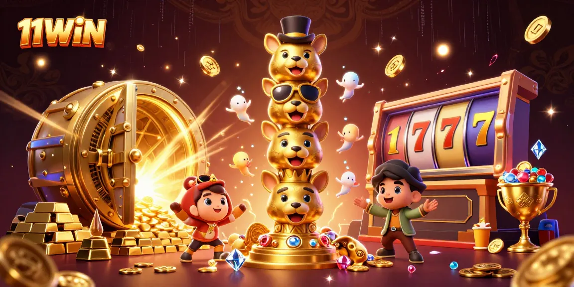 Experience thrilling wins with 11WIN as animated characters dance around sparkling treasures.
