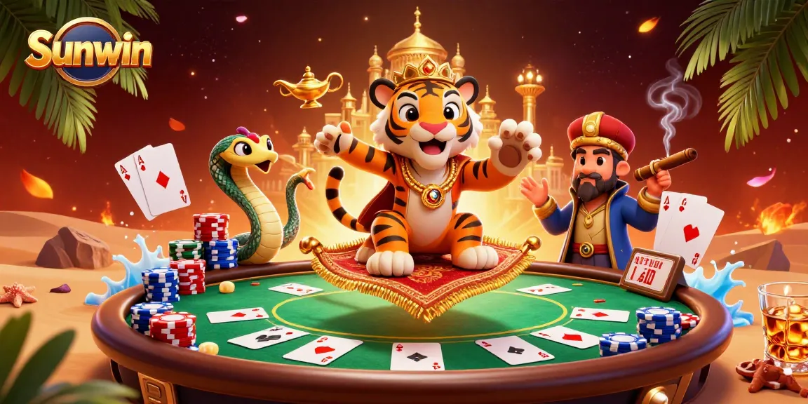 Win big with Sunwin at a lively casino featuring a magical sultan and poker elements.