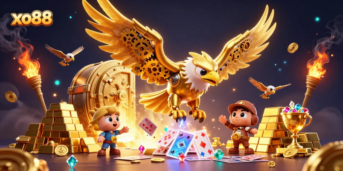 Experience thrilling wins at xo88 with a dynamic scene featuring a cybernetic eagle amidst captivating casino elements.