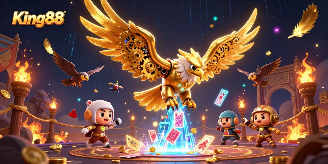 Engage with King88's thrilling games featuring a cybernetic eagle amid holographic cards.