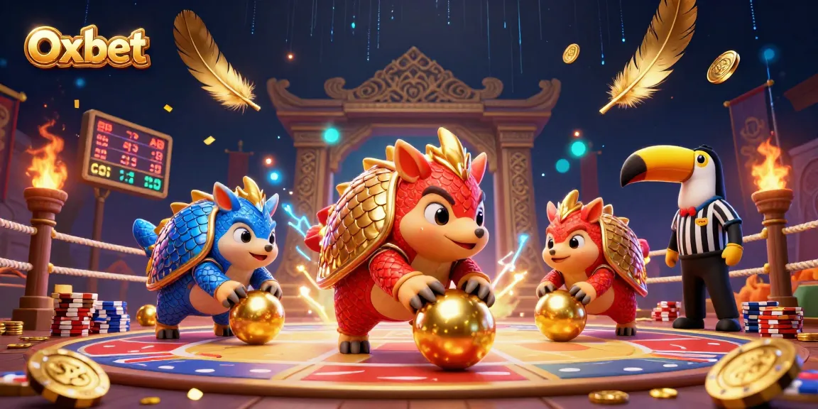 Oxbet pangolins compete in an exciting casino game with poker chips and golden confetti.