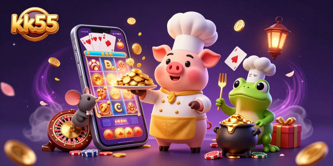 Engage in exciting gameplay at kk55 with a 3D cartoon chef serving gold coins in a vibrant casino scene.