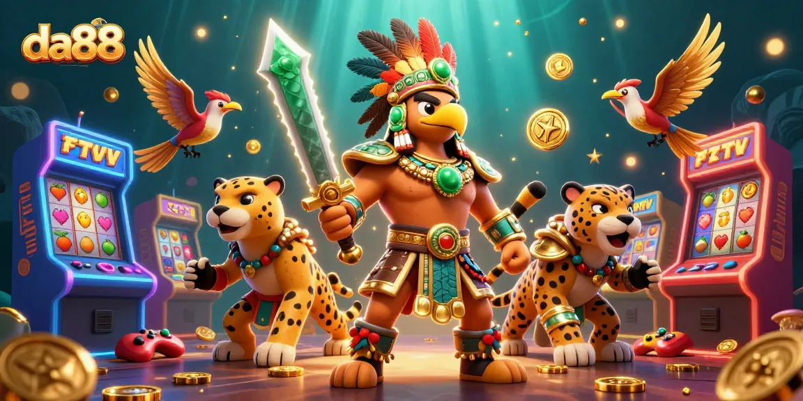 Engage with da88 in an action-packed casino scene featuring Aztec warriors and vibrant slot elements.