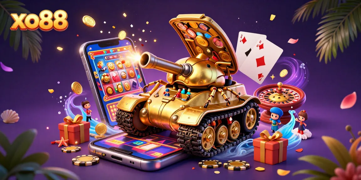 Experience the thrill of xo88 with a colorful 3D casino scene featuring a unique golden beetle tank.