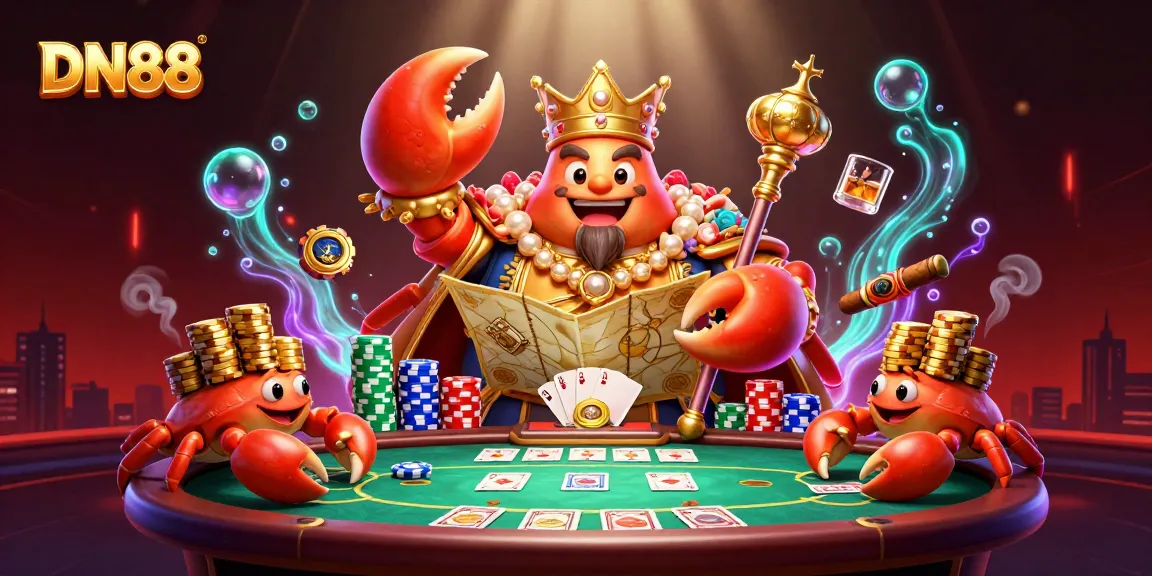 Engage with DN88's energetic gaming scene featuring a golden crab emperor in a vibrant casino setting.